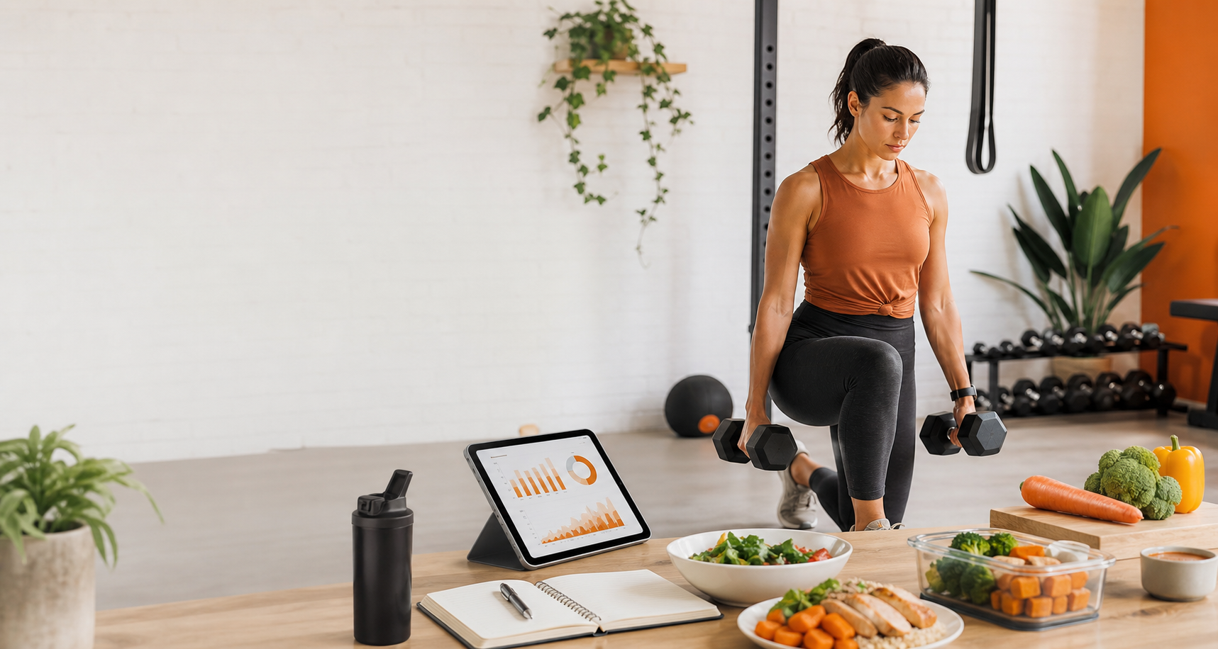 A premium fitness planning scene with strength training, meal preparation, and progress tracking.